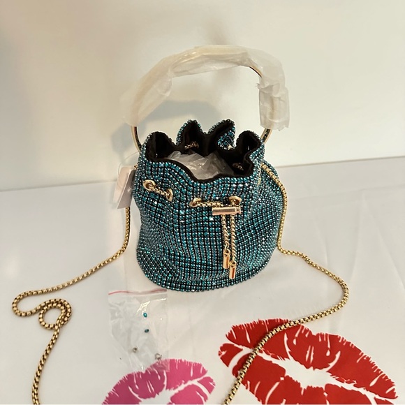 Peacock Blue Rhinestone Swing Handle Iconic Bucket Bag - Picture 8 of 10